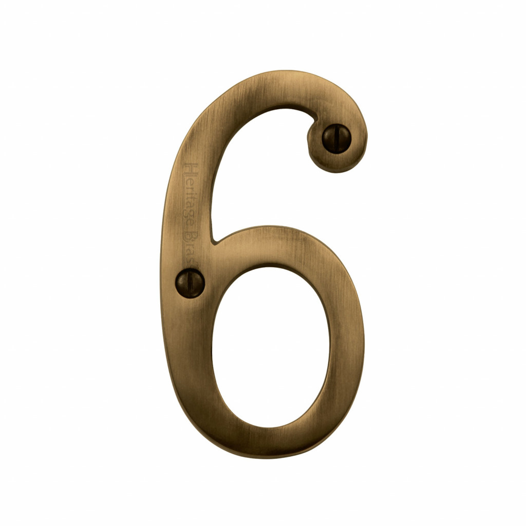 Heritage Brass Numeral 6 -  Face Fix 76mm – Traditional font
